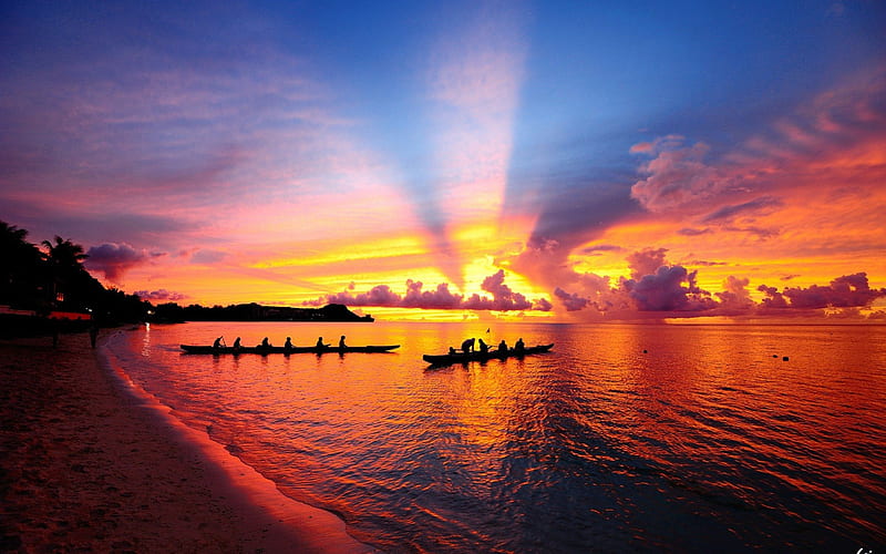 heavenly sunset in polynesia, beach, boats, sunset, sea, raus, HD wallpaper