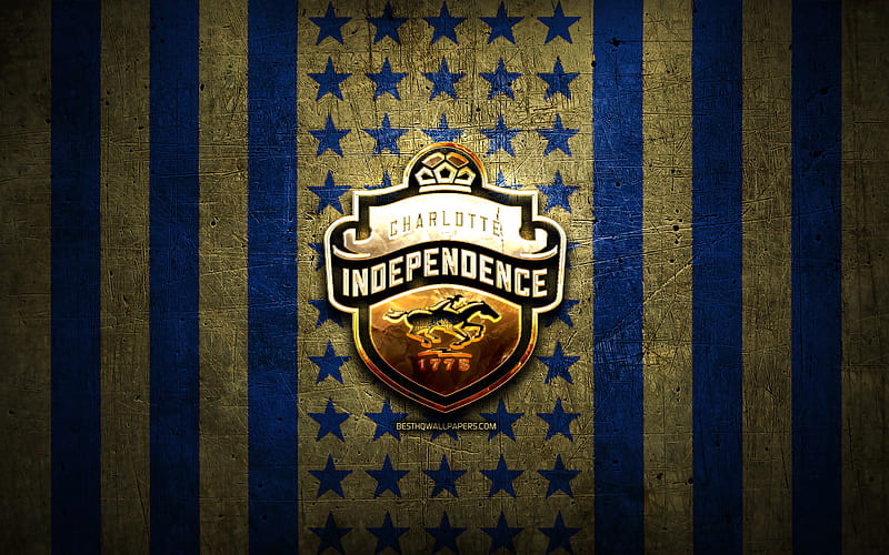 Charlotte Independence flag, USL, blue brown metal background, american soccer club, Charlotte Independence logo, USA, soccer, Charlotte Independence FC, golden logo, HD wallpaper
