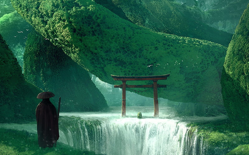 The entrance of the spirit, fantasy, green, daniel liang, gate, luminos, waterfall, HD wallpaper