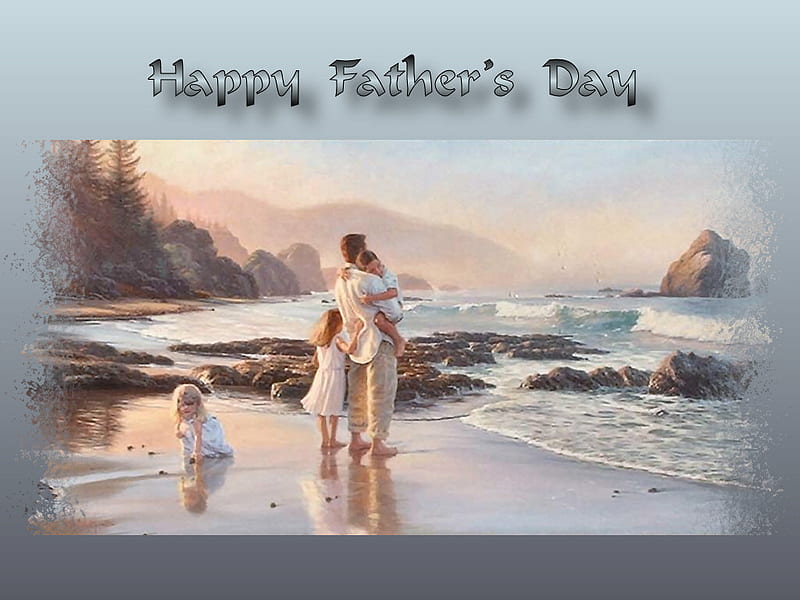 Happy Father's Day F5, family, art, shore, mark keathley, children, fathers day, surf, waves, father, sea, keathley, water, seashore, painting, seascape, scenery, HD wallpaper