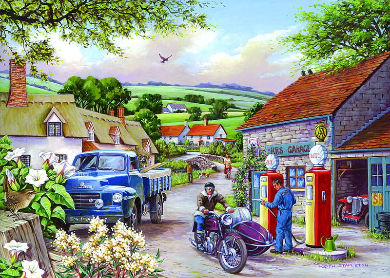 Village Petrol Station, house, lorry, people, painting, bike, artwork, vintage, landscape, HD wallpaper