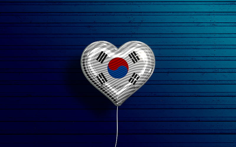 I Love South Korea realistic balloons, blue wooden background, Asian countries, favorite countries, flag of South Korea, balloon with flag, South Korean flag, South Korea, Love South Korea, HD wallpaper