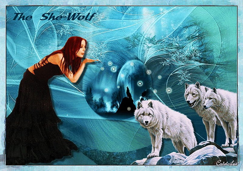 The She-Wolf, starshine, wolves, woman, artwork, fairy, HD wallpaper