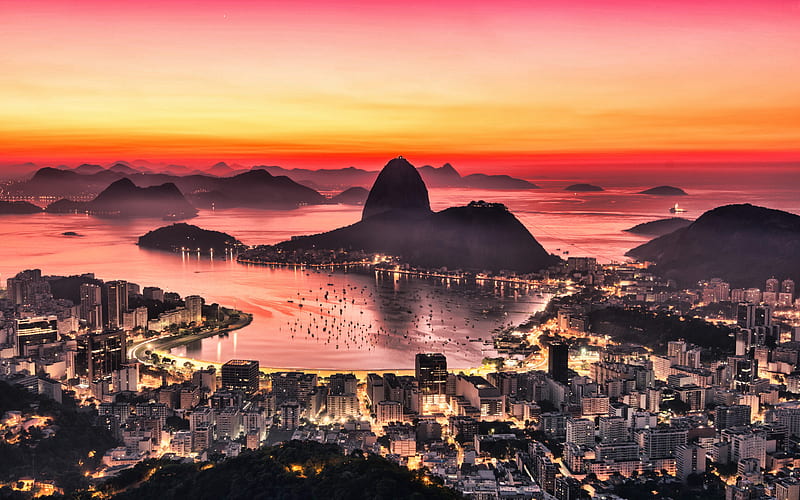 Rio de Janeiro, sunset, panorama, harbor, summer travel, Brazil, South America, HD wallpaper