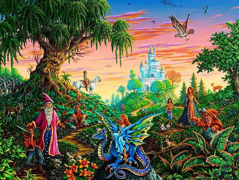 Enchanted Encounter, dragon, castle, woman, artwork, wizard, landscape, HD wallpaper