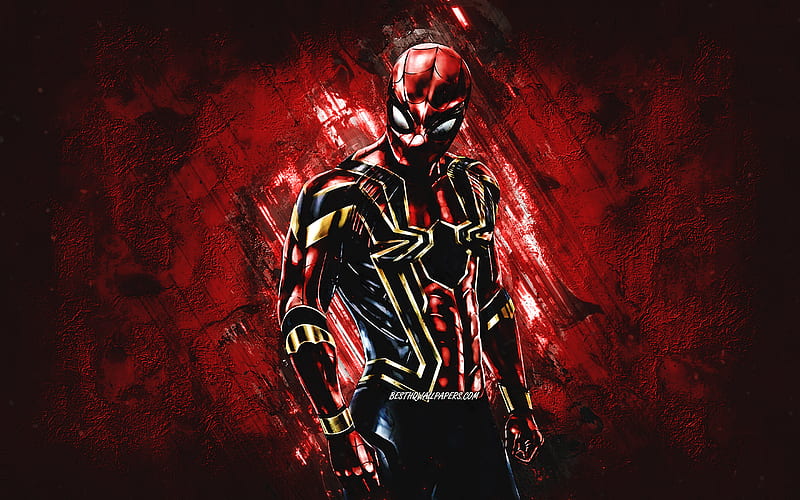 Iron Spider, superhero, red stone background, powered exoskeleton, Iron Spider art, Spider-Man, HD wallpaper