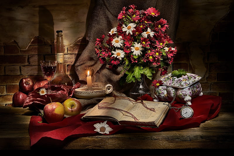 Still life with flowers, Bokk, Candle, Book, Bottle, Flowers, Glass, HD wallpaper