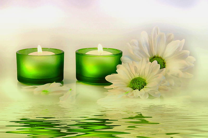 RELAXING MOMENT, water, green, flowers, spa, candles, HD wallpaper