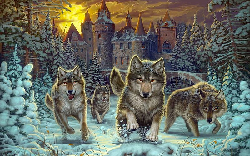 Medieval Wolves, Moon, snow, medivel, painting, castle, cold, Wolves, winter, hunting, HD wallpaper