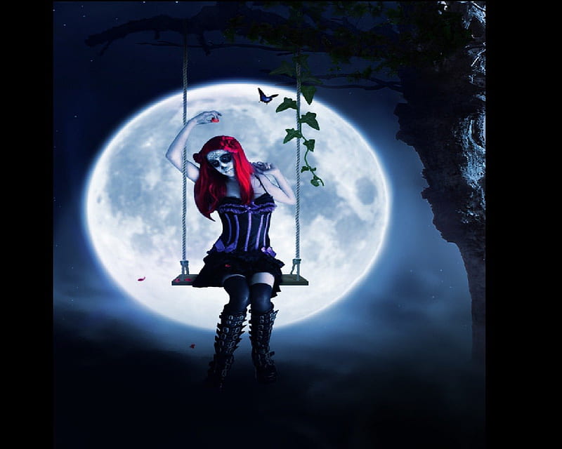 Swinging In The Full Moon, fantasy, moon, swing, skull paint, woman, night, HD wallpaper