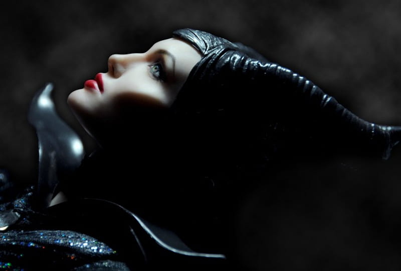 Maleficent, black silk, glitter, makeup, face, blue eyes, HD wallpaper