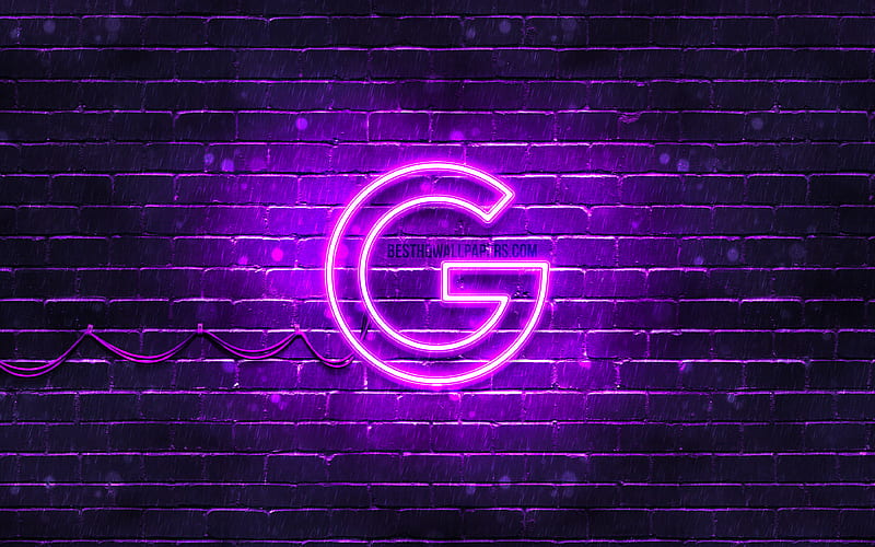 Google violet logo violet brickwall, Google logo, brands, Google neon logo, Google, HD wallpaper