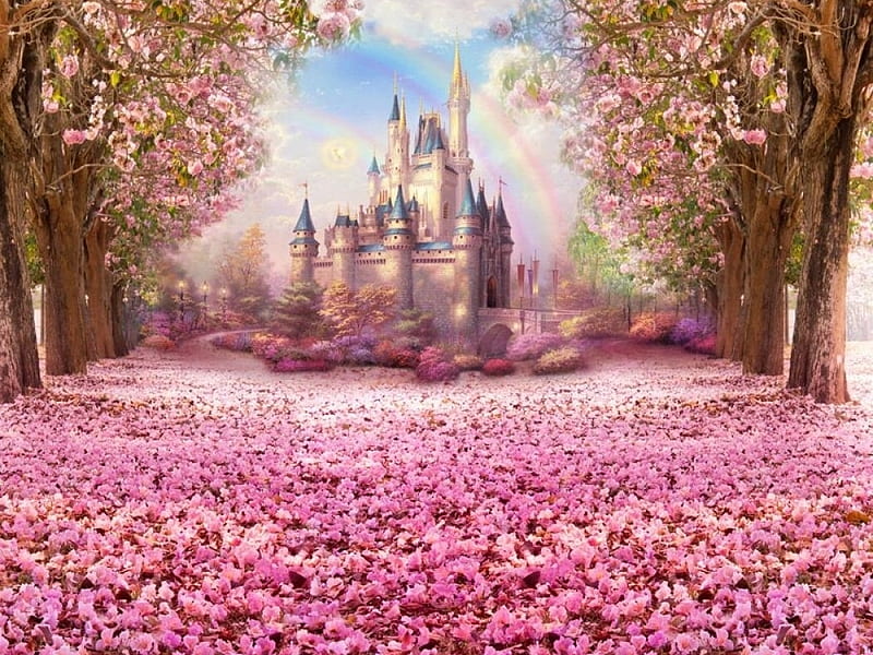 Castle, fantasy, spring, pink, HD wallpaper