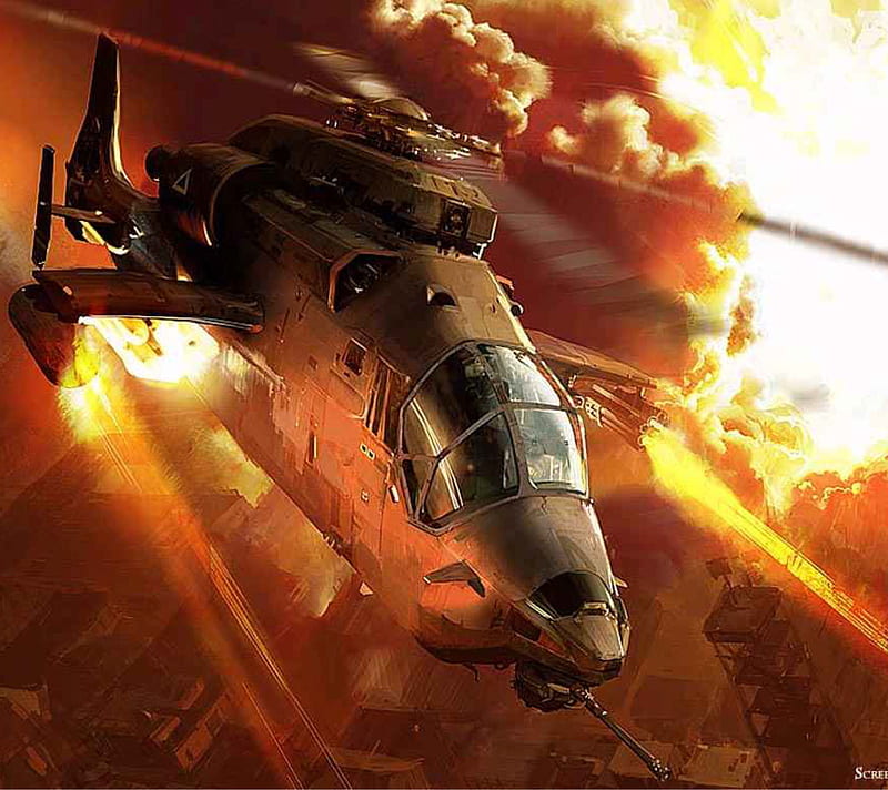 Helicopter Power, fire, flame, gun, military, orange, HD wallpaper