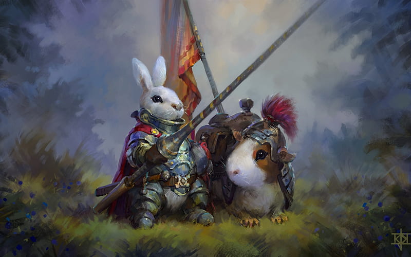 rabbit knight, lancer, warrior, cute, fantasy creatures, Fantasy, HD wallpaper