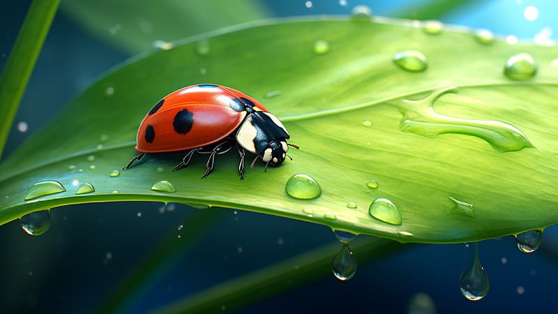 Ladybug, red, leaf, nature, macro, insect, neuroset, art, drops, gargarita, water, HD wallpaper