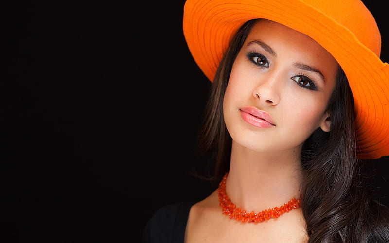 beautiful girl, orange hat, portrait, makeup, brown hair, HD wallpaper