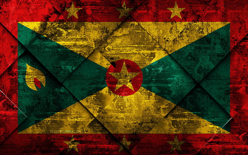 Flag of Grenada grunge art, rhombus grunge texture, Grenada flag, North America, national symbols, Grenada, creative art, HD wallpaper