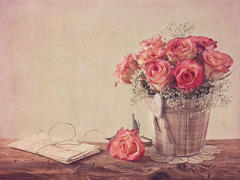 Vintage Roses, romantic, soft, roses, bouquet, love, heart, flowers, vintage, style, HD wallpaper