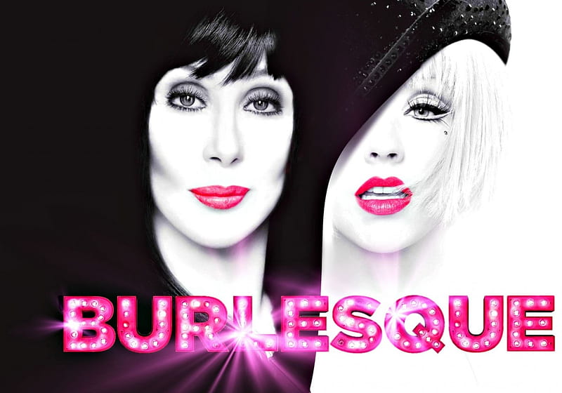 Burlesque (2010), burlesque, movie, black, woman, singer, girl, actress, Christina Aguilera, Cher, white, pink, couple, HD wallpaper