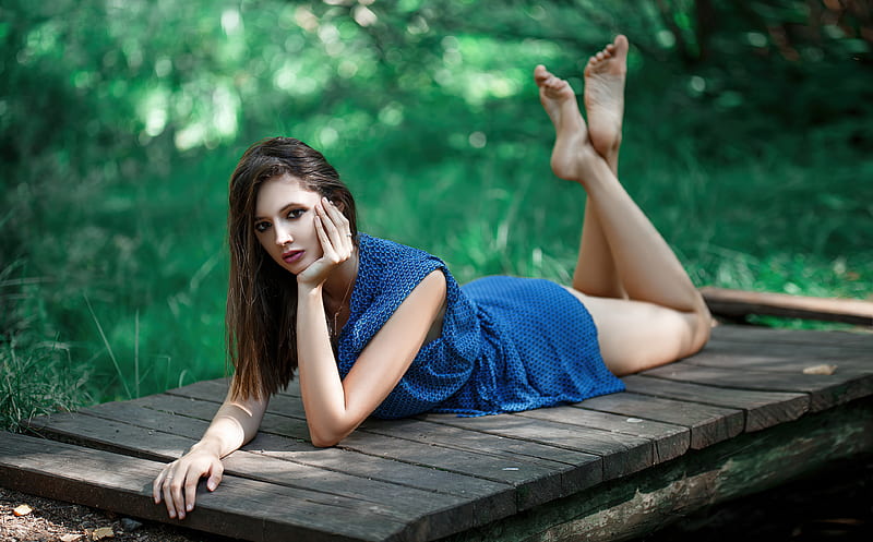 Girl Lying Down Blue Dress , blue-dress, girls, model, HD wallpaper