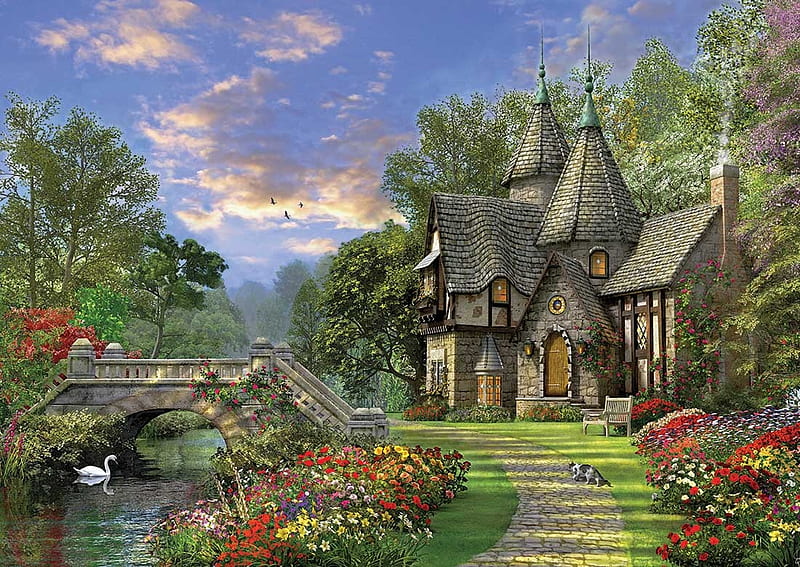 Mansion in the Forest, house, deserted, forest, mansion, flowers, puzzle, HD wallpaper