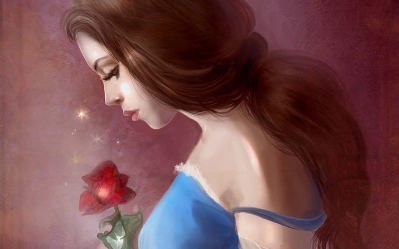 Belle, red, art, beauty and the beast, rose, woman, fantasy, girl, flower, pink, disney, blue, HD wallpaper