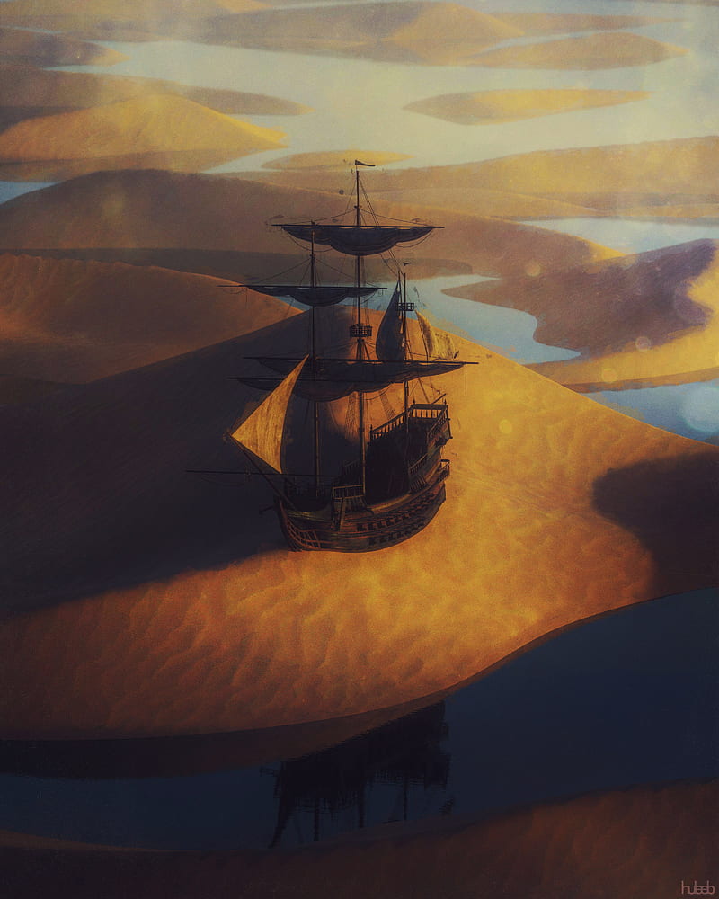 ship, sail, desert, sand, art, HD phone wallpaper