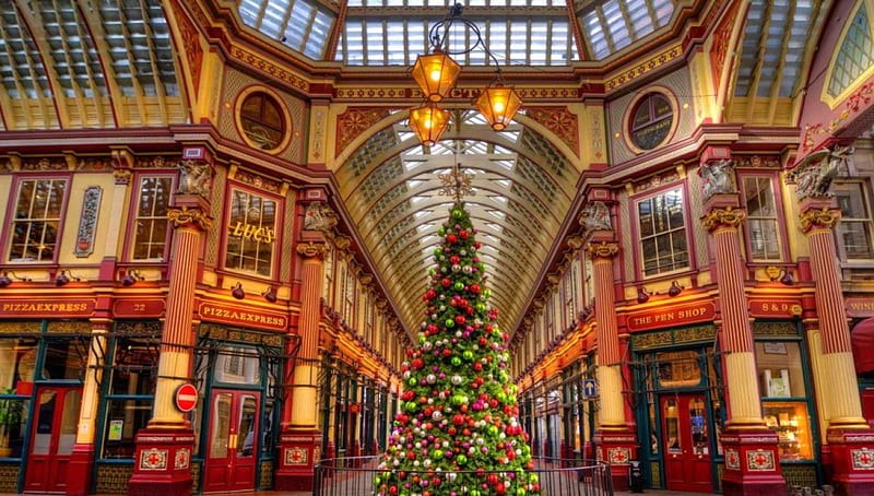 Leadenhall market, London, London, christmas, holiday, decoration, bonito, mood, market, lights, winter, tree, city, HD wallpaper