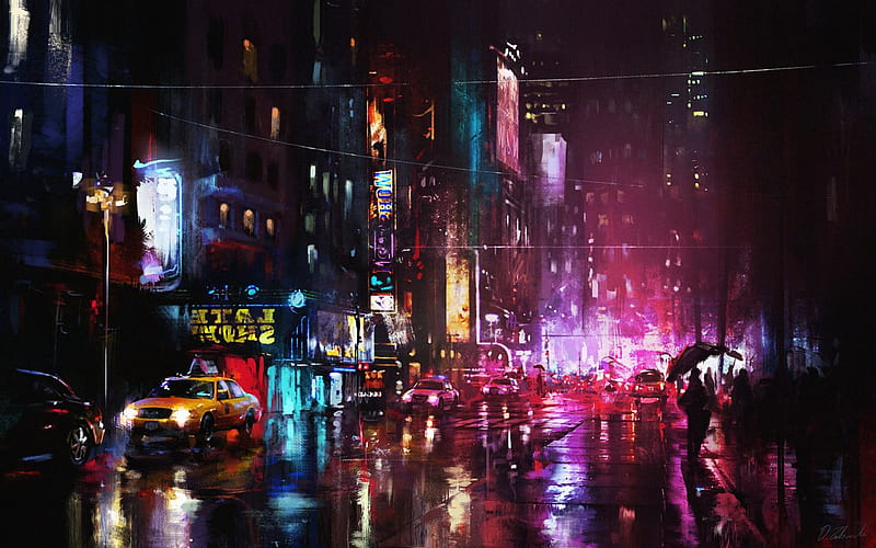 City Lights, umbrella, stores, lights, carros, city, signs, rain, road, night, HD wallpaper