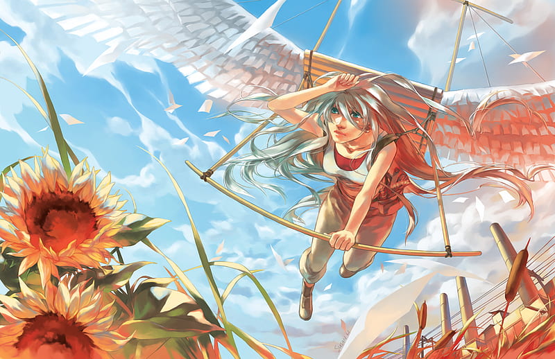 Sky vocaloid animal bird sunshine anime girl fly wallpaper, 1440x904, 568475