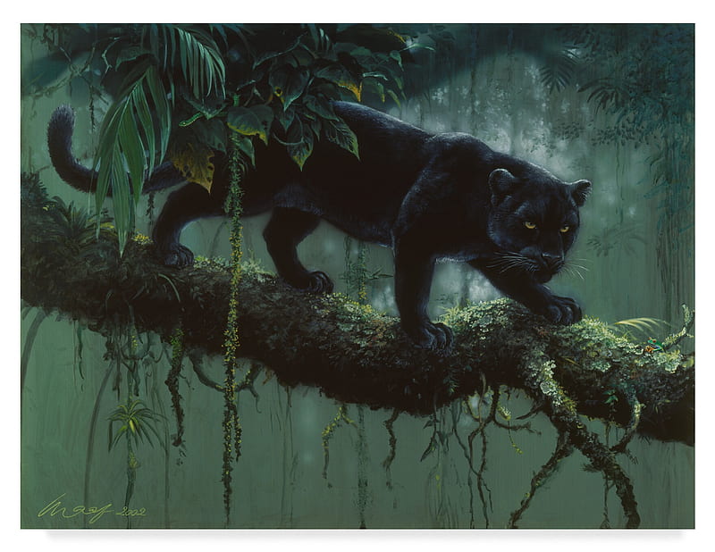 Black jaguar stalking, art, green, jungle, painting, pictura, black jaguar, panther, HD wallpaper