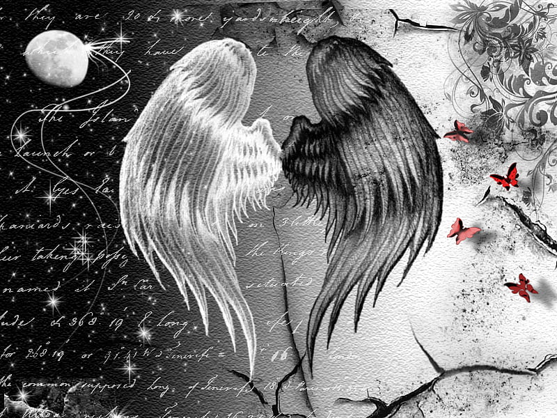 angels and demons, emo, gothic, black and white, good and bad, HD wallpaper