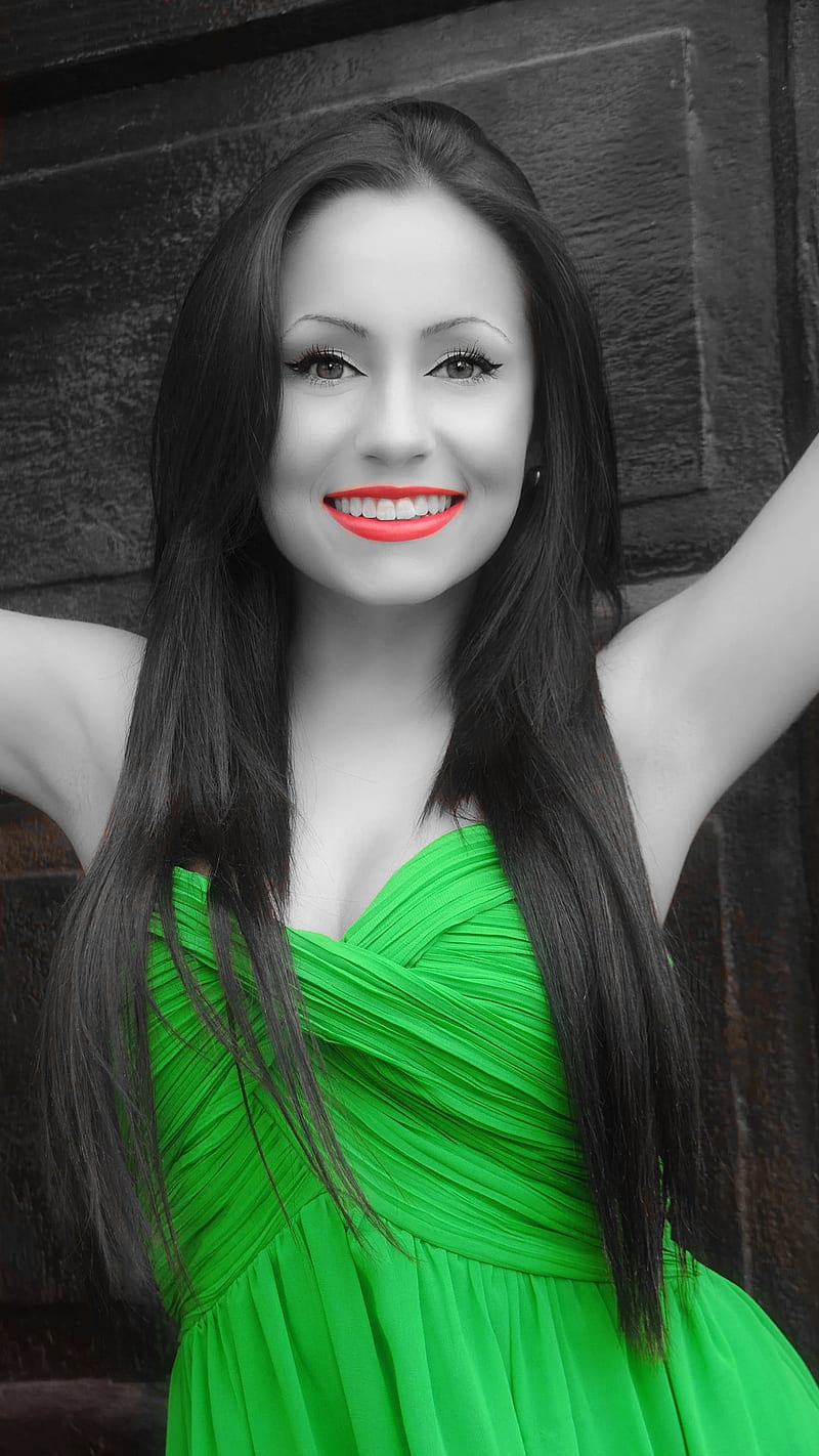 Green, black and white, black and white, cute, green dress, lovely, pretty, red lips, smile, HD phone wallpaper