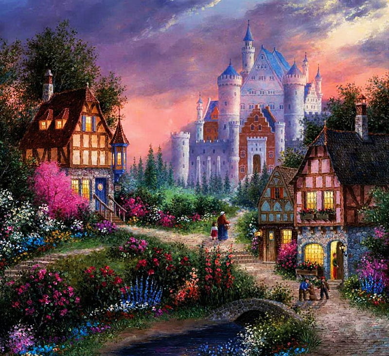 Fairytale Village, bridge, people, houses, painting, flowers, river, castle, artwork, HD wallpaper