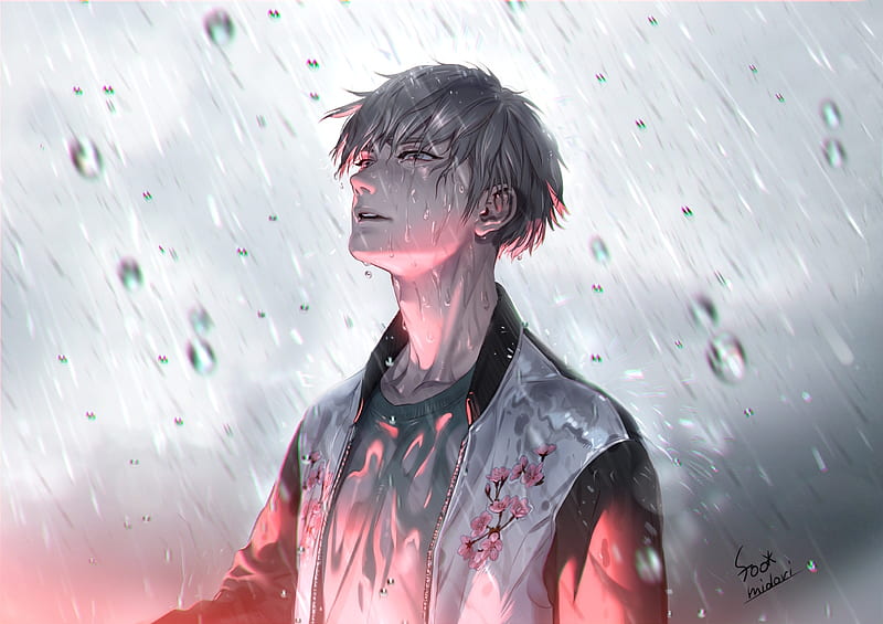 :-), water drops, anime, manga, foo midori, rain, man, HD wallpaper