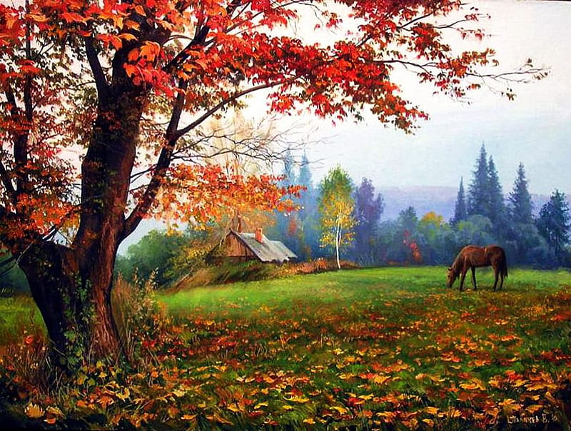 Colors of Autumn, fall, autumn, tree, house, leaves, colors, horse, meadow, HD wallpaper