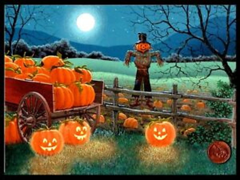 Scarecrow Moon And Pumpkins, Pumpkins, Scarecrow, Moon, Autumn, Fence, Meadow, HD wallpaper
