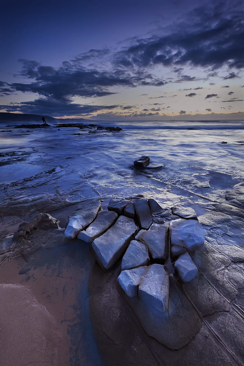 ocean, coast, stone, ebb, evening, landscape, HD phone wallpaper