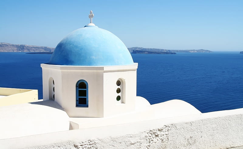 Gazing and praying at the Aegean sea, greece, praying, greek tgraphy, sea orthodox pray, blue, graph pic, colors, church, sky, wall, gazing, aegean, gaze, colours, island, white, HD wallpaper