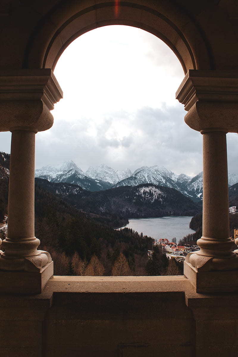 arch, columns, mountains, lake, landscape, view, HD phone wallpaper