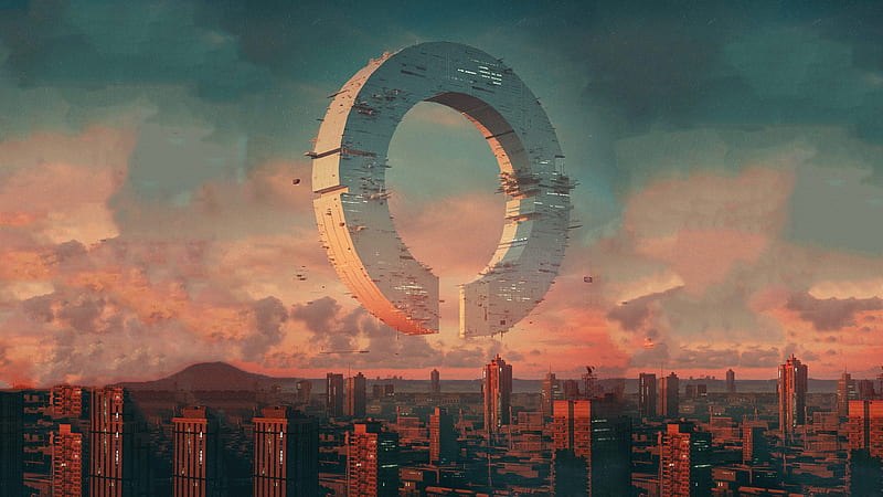 floating ring, futuristic city, cityscape, sci-fi, clouds, Fantasy, HD wallpaper