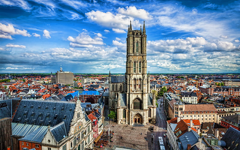 Ghent summer, cathedral, belgian cities, Europe, Belgium, HD wallpaper