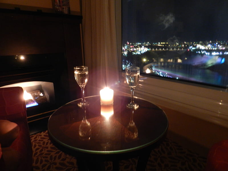 Niagara Falls by Candlelight, fire, wineglasses, candles, niagara falls, HD wallpaper
