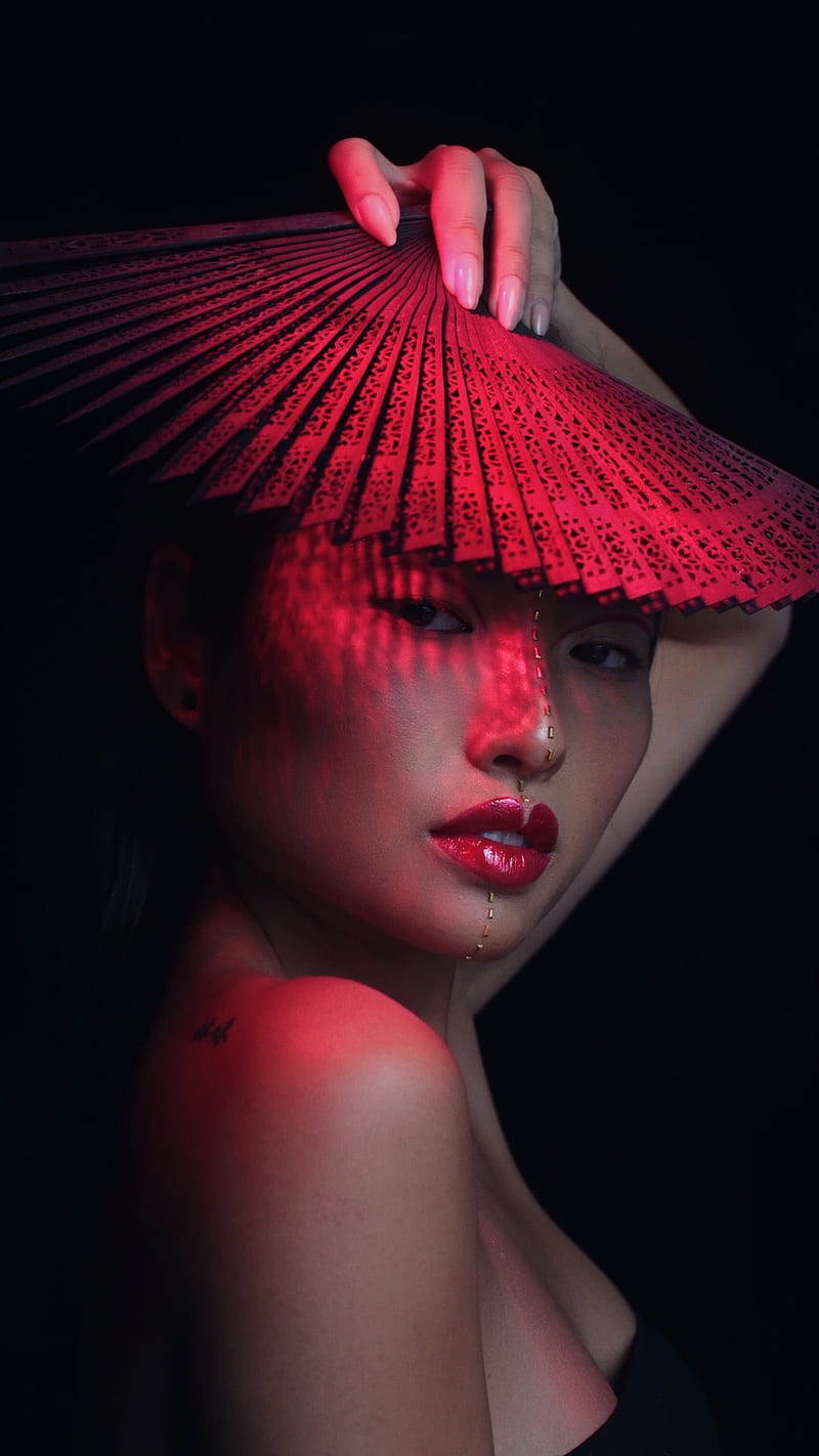 Portrait, asian, beauty, dark, girl, hoot, pretty, red, HD phone wallpaper