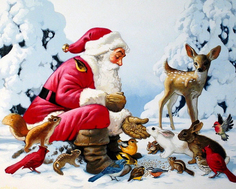 Santa's life, pretty, bonito, santa claus, deer, nice, love, rabbits, animals, forest, lovely, life, birds, trees, snow, peaceful, roe, care, bunnies, HD wallpaper