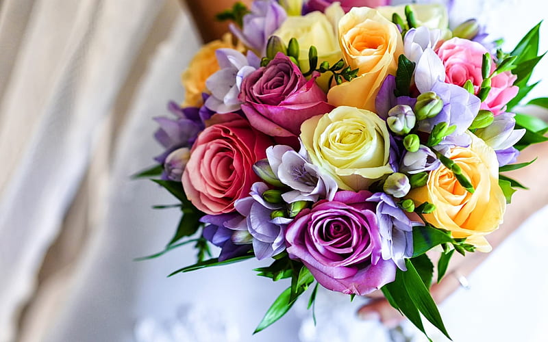 wedding bouquet, colorful flowers, roses, sia, Wedding, HD wallpaper