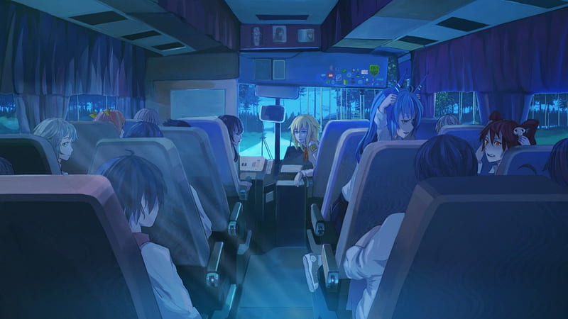 School Bus and Girls, cool, girl, anime, school bus, new, beauty, wall, HD wallpaper