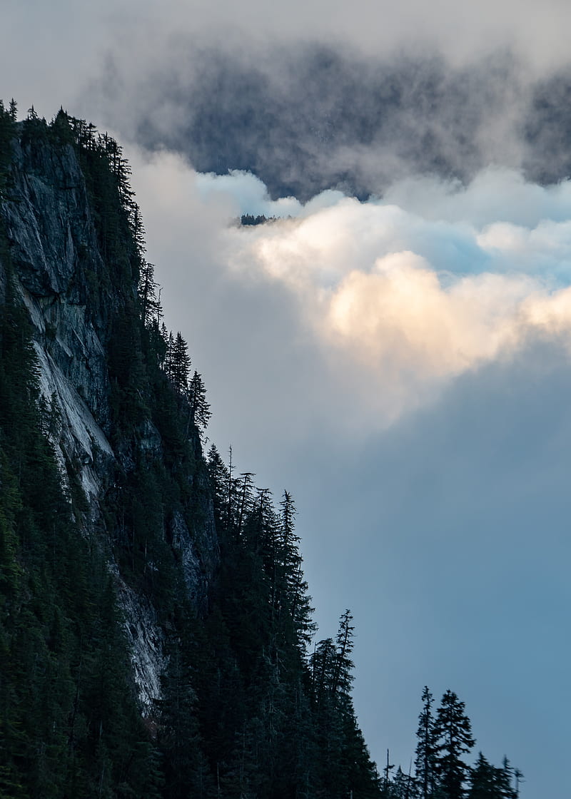 rock, trees, clouds, mountain, peak, HD phone wallpaper