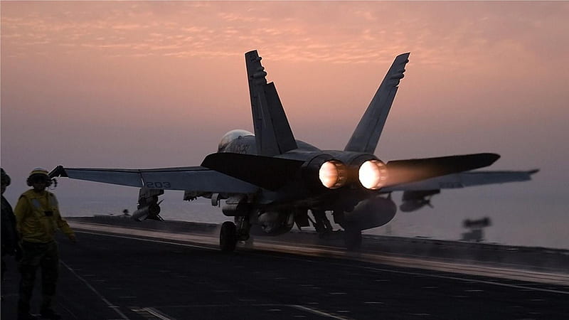 F18 Sundown Launch, f18, fighter, recon, military, carrier, jet, hornet, navy, HD wallpaper
